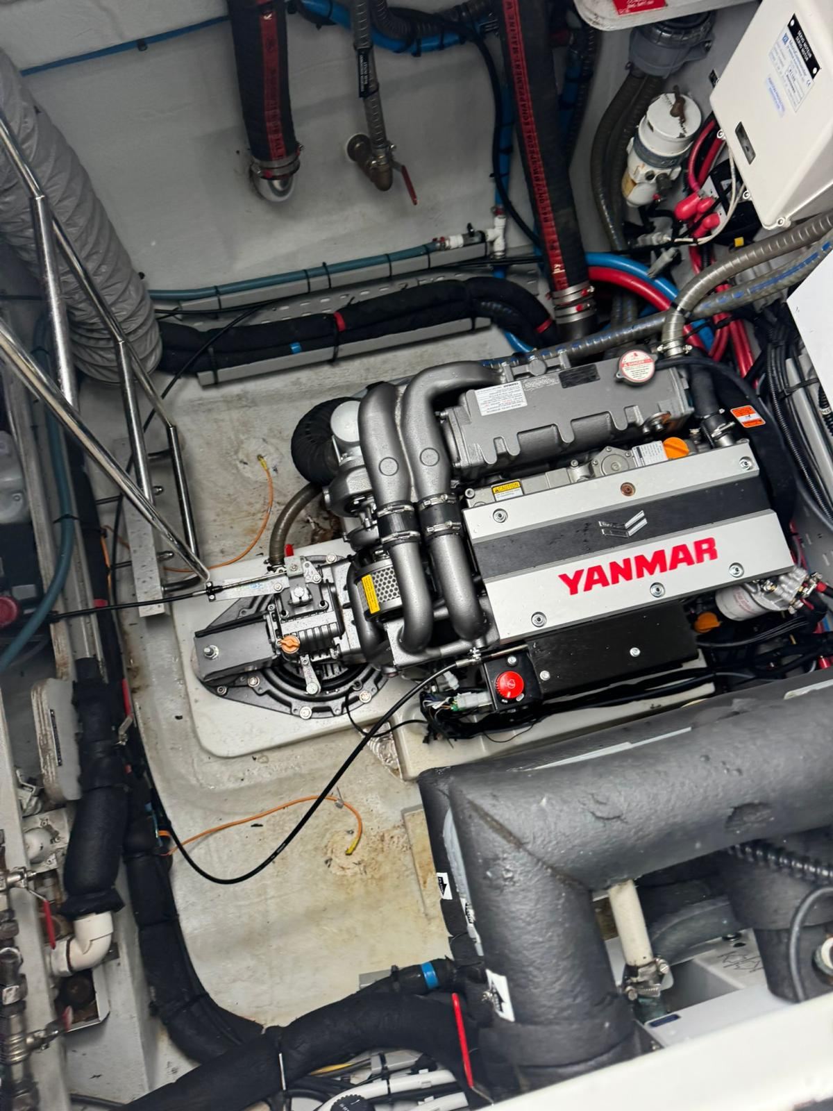 A new diesel engine installed in a yacht engine bay