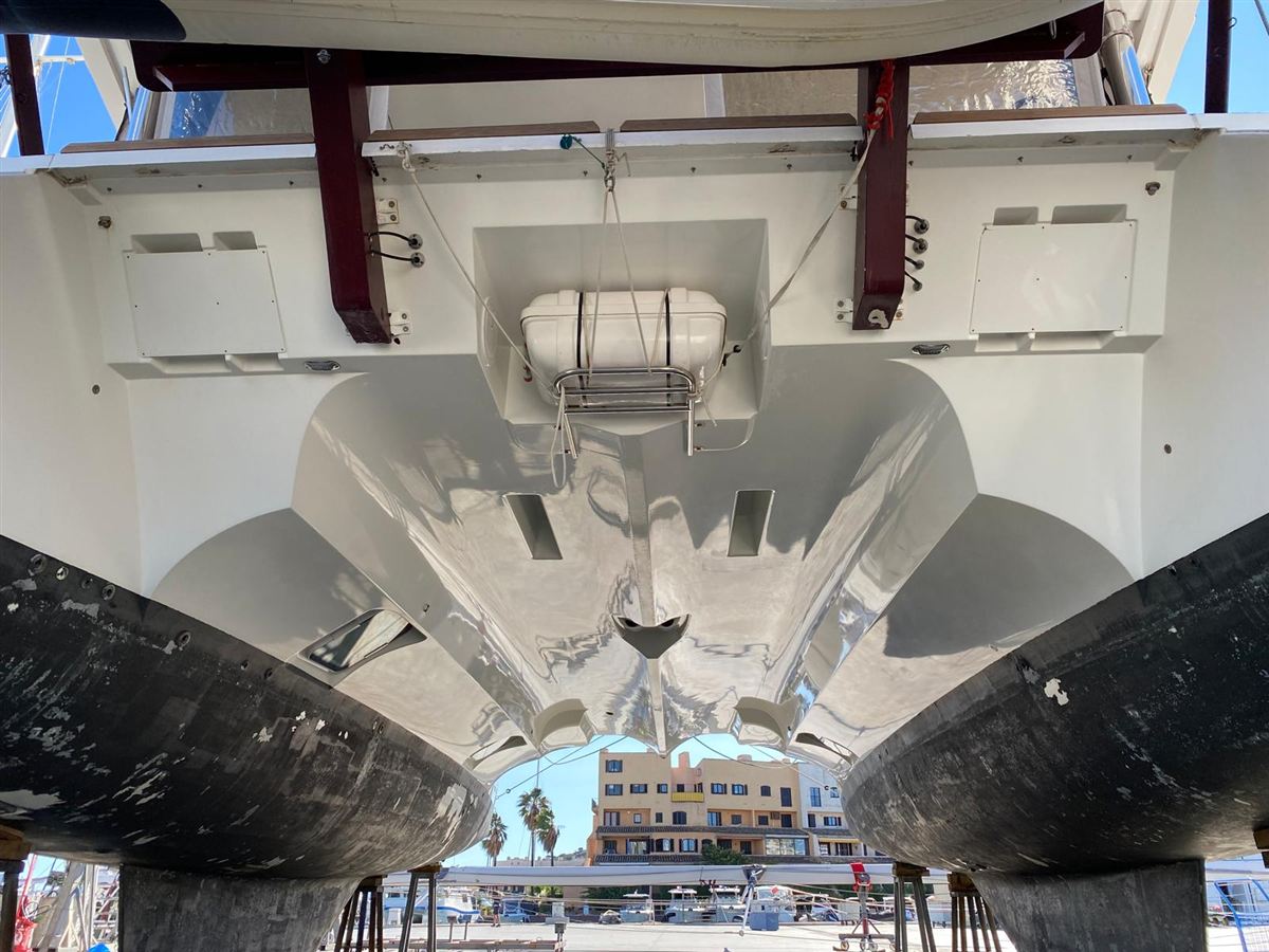 The underside of a catamaran between its two hulls